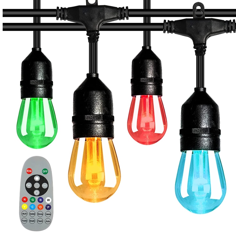 48ft kleur veranderende buitenstringlichten, 15 LED -lampen verbrijpt dimable, IP65 waterdichte, RGBW knipperende touwtjeslichten met RF -afstandsbediening, decoratieve lichten voor patiotuin